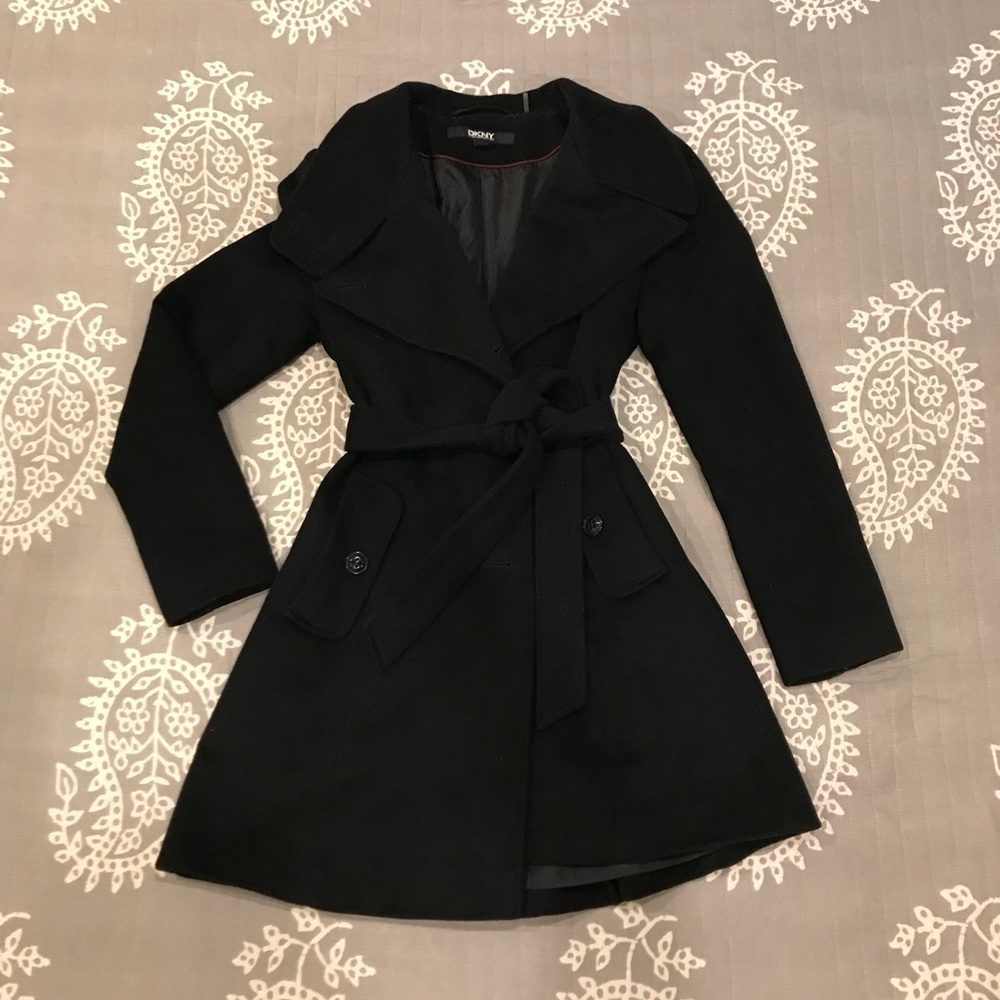 DKNY Black Belted Peacoat